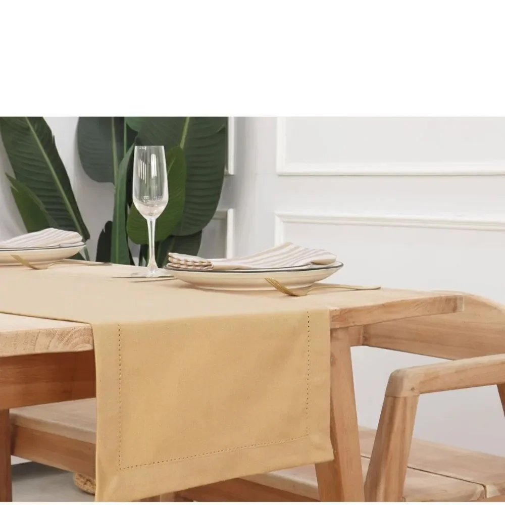 NWT New PurpleEssences Beige Hemstitch Table Runner Cotton 14 x 72
